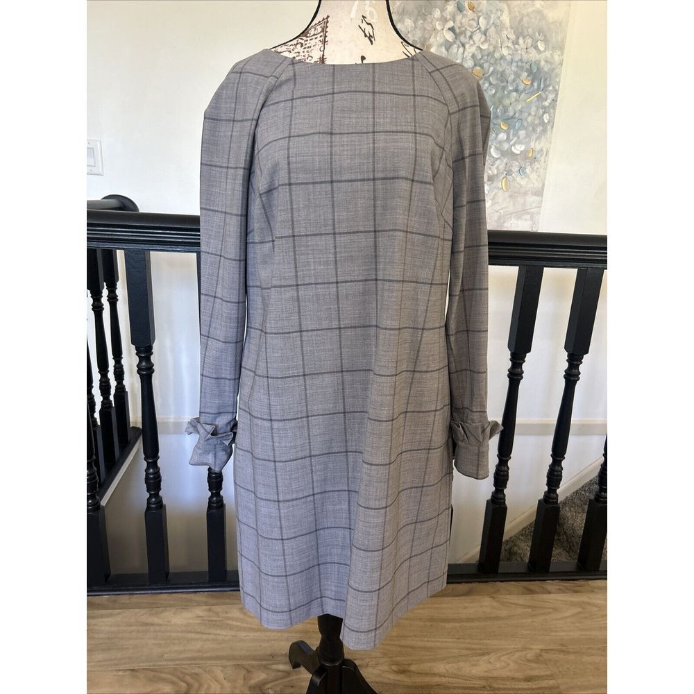 BANANA REPUBLIC Gray Plaid Wool Long Sleeve Ruffle Cuff Shift Dress Sz‎ 8